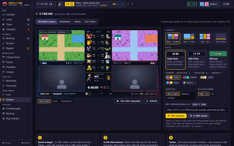 Stream-Tab: Live-Vorschau des Duo-Overlays, rechts Layout, Stil, Farben, Sprites und die OBS-Adresse mit den Knöpfen URL kopieren und In OBS ziehen