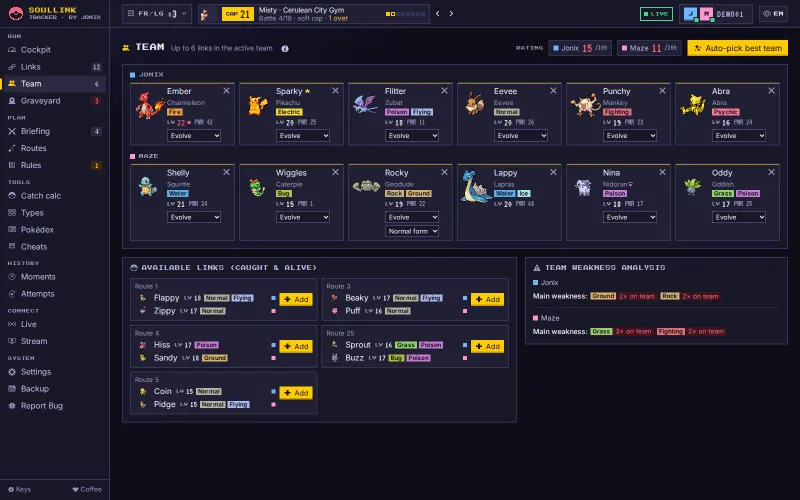 Team builder with six Pokémon each for Jonix and Maze, below the available links with an insert button and the team weakness analysis
